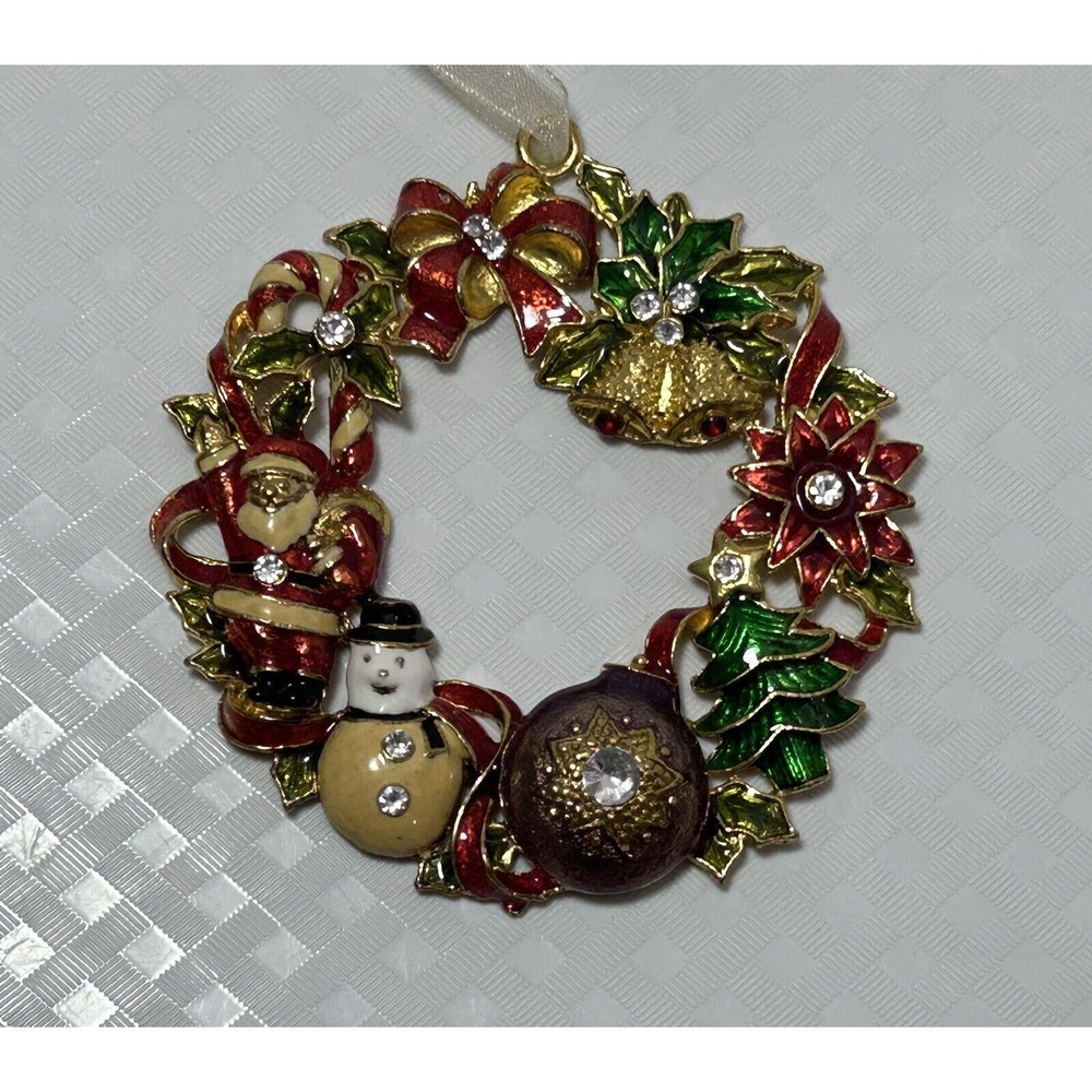 Gold Tone‎ Metal Wreath Ornament Red Green Santa Snowman Bells Holly Ribbon